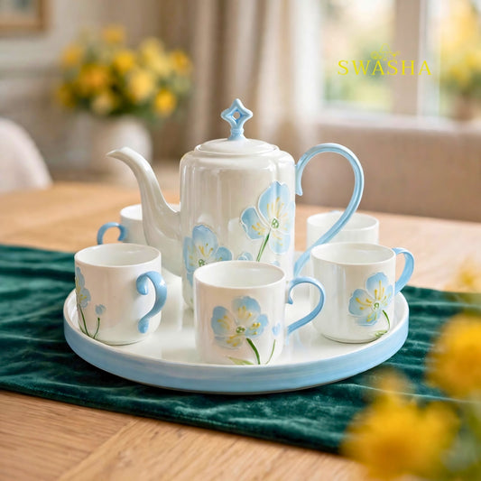 Swasha sky blue poppy 8 pcs revolving tea set 900ml kettle 150ml cups 3d blue floral embossed light blue handle revolving tray with red gift box