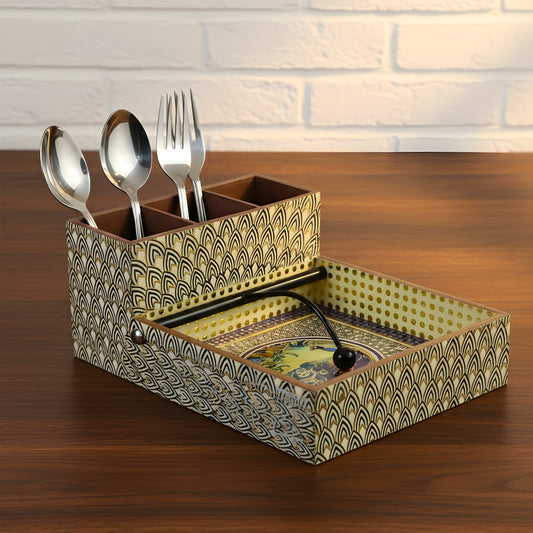 Swasha Wooden MDF Printed Tissue Cum Cutlery Holder – Glossy Resin Finish