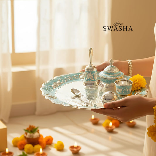 Swasha German Silver Puja Thali Set 