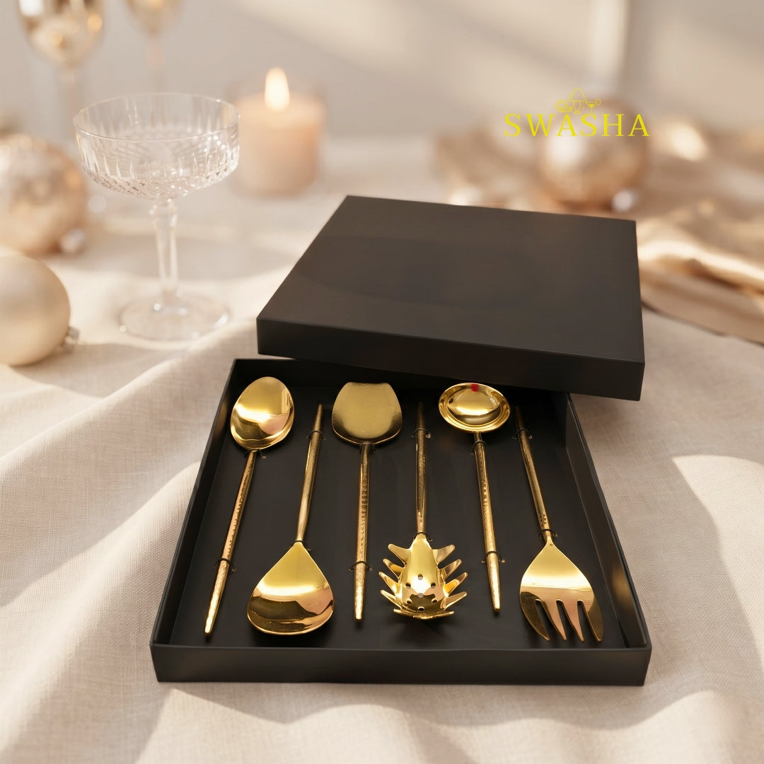 SWASHA gold serving spoon set of 6 pvd polished brass in black gift box