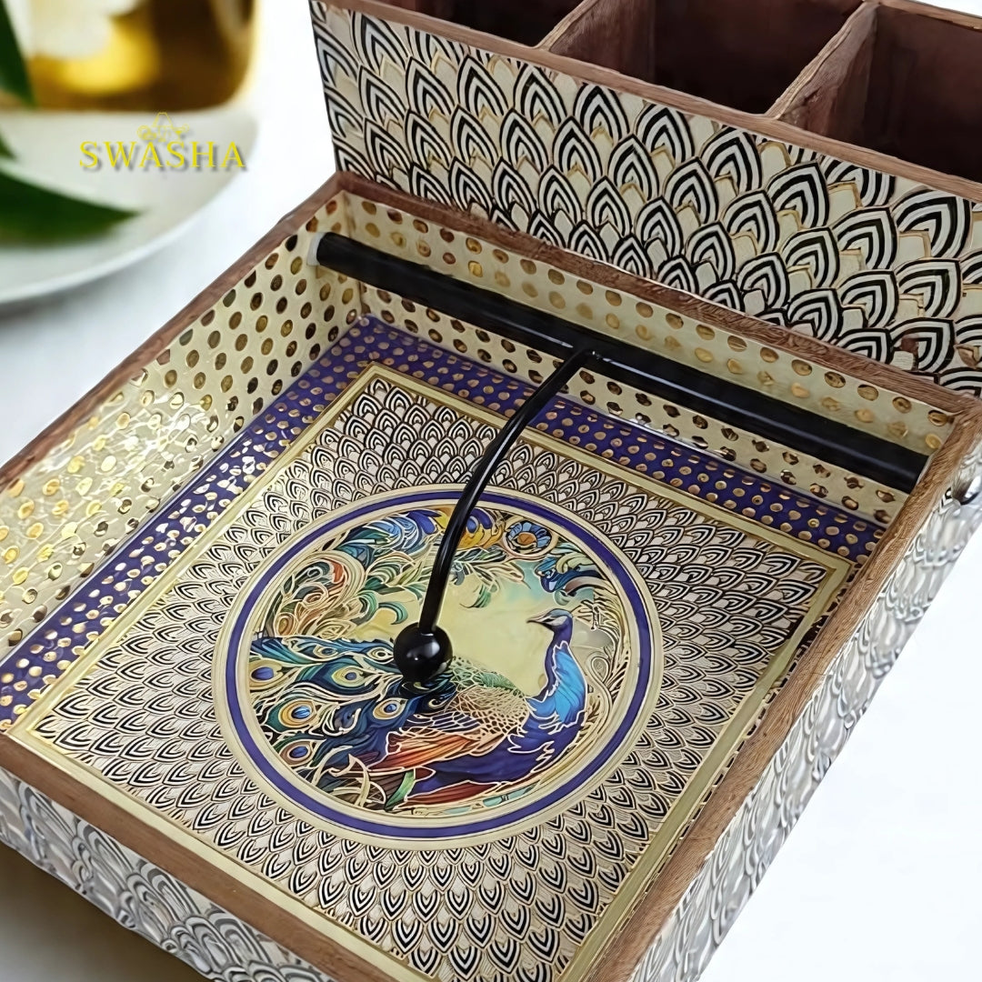 Swasha Wooden MDF Printed Tissue Cum Cutlery Holder – Glossy Resin Finish