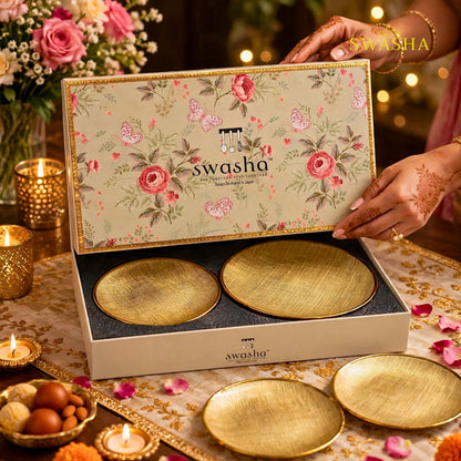Swasha 7 Pcs Gold Turkish Glass Snack Set | 1 Full Plate + 6 Side Plates | Linen Gold Textured Gift Box
