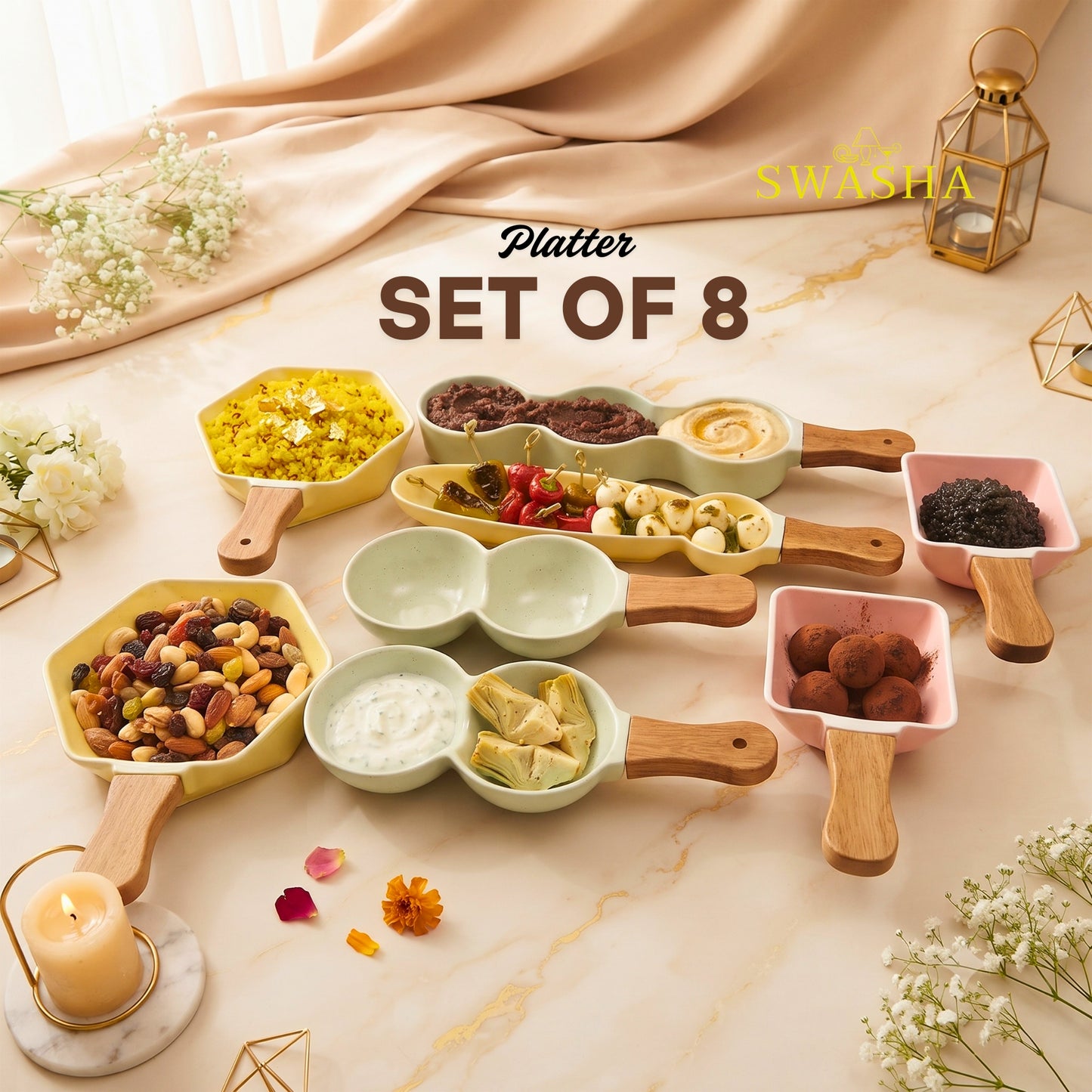 Swasha Single Handle Serving Platter Combo - 8 Pcs Starter Platter Set