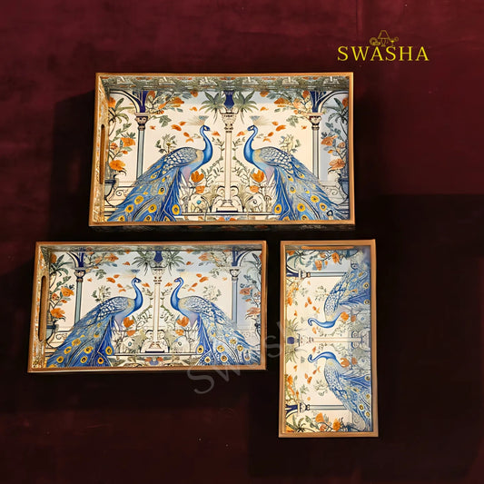 Swasha MDF Peacock Serving Tray Set of 3  (Large, Medium, Small)