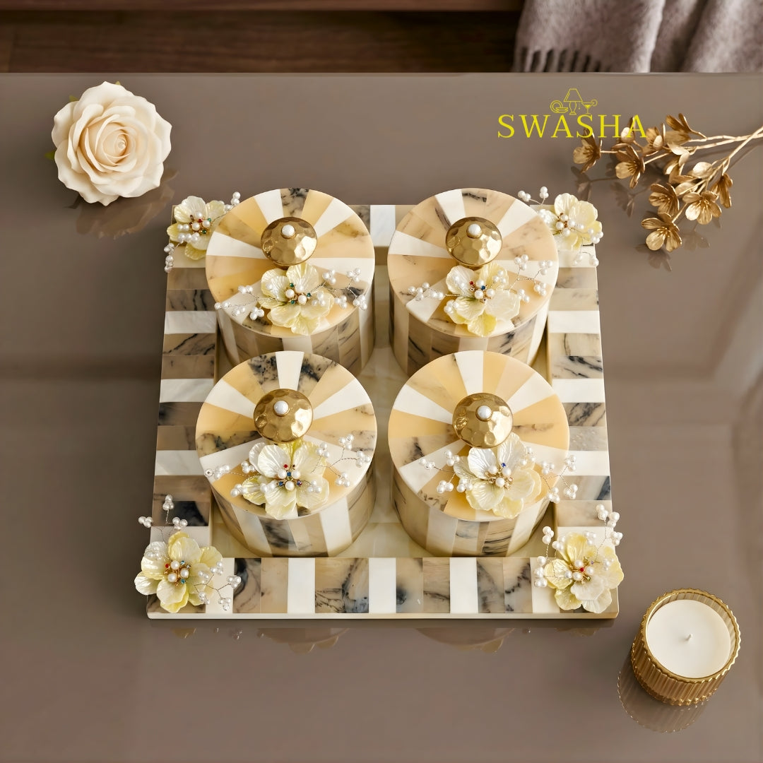 Swasha Airtight Dry Fruits Jar Set with Tray – Resin Finish Decorative Jars, Gift Set of 4