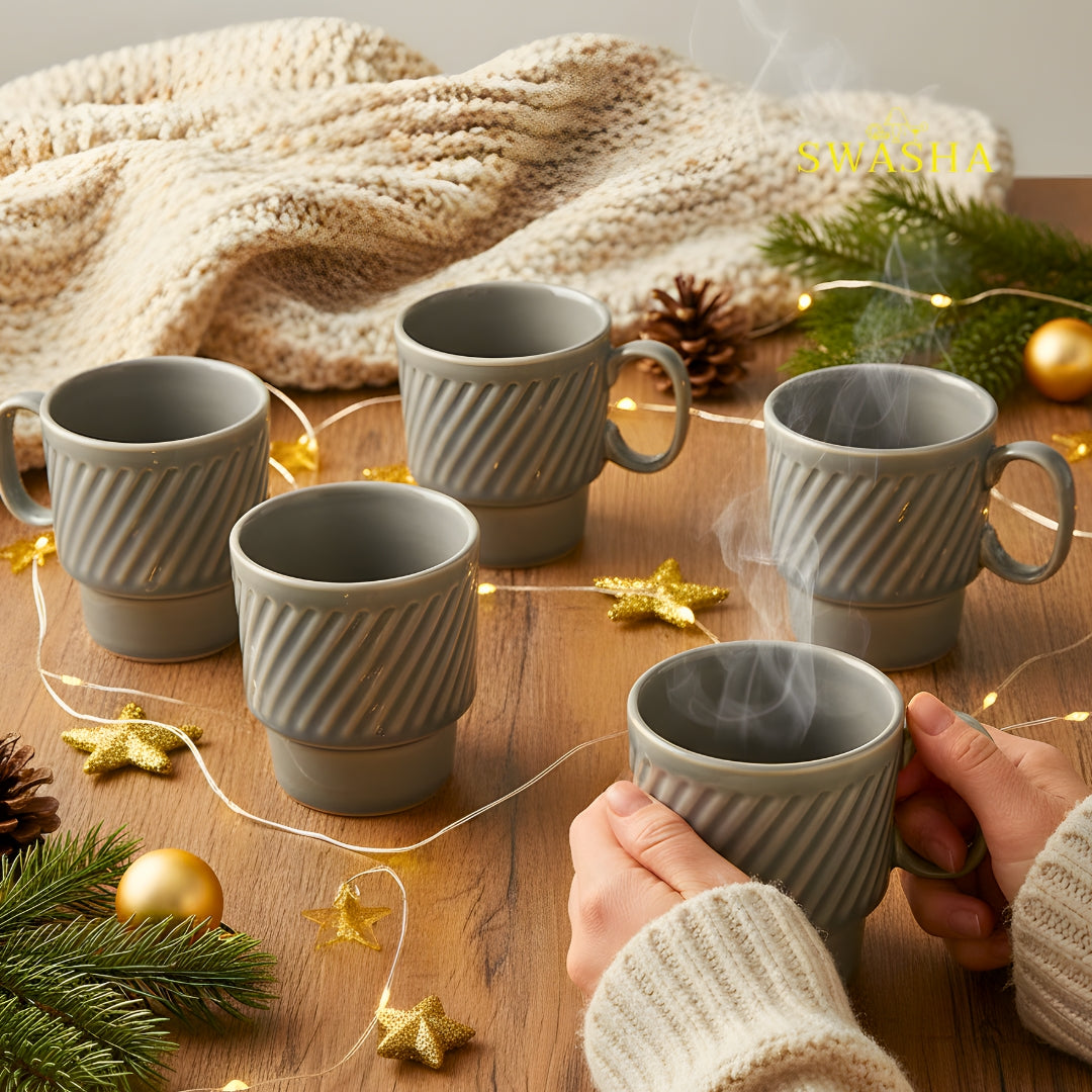 Premium Stoneware Stackable Cup Set of 6 | 270ml & 150ml | Swasha