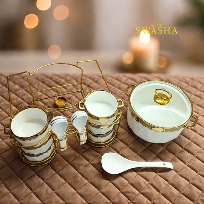 Swasha 14 pcs luxury soup set with gold stand white ceramic bowls with gold rim soup pot donga with glass lid