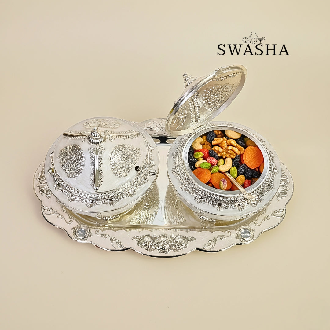 Swasha German Silver Dry Fruits Server Bowls with Tray 