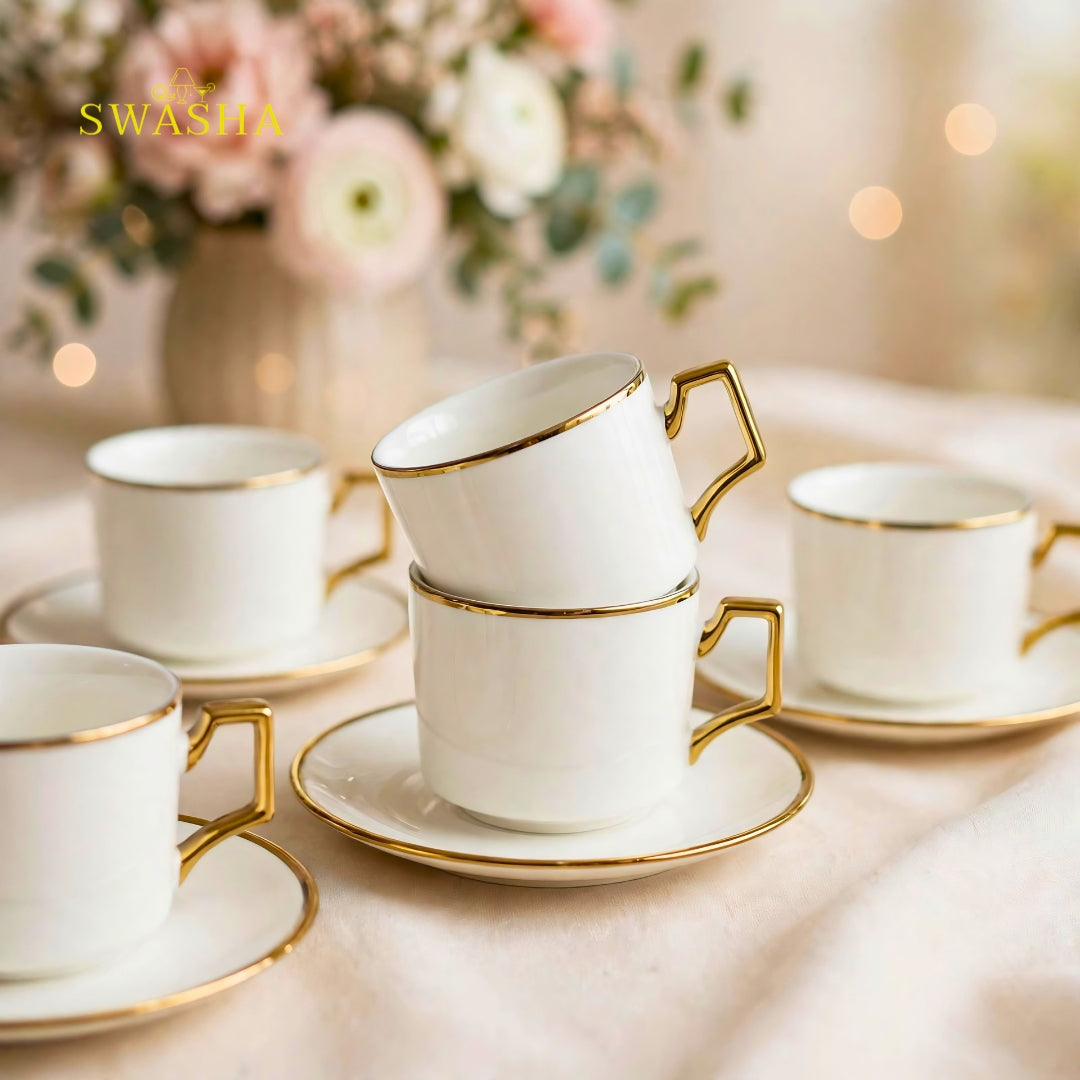 Swasha royal gold rim cup saucer set of 6 white ceramic with square gold handle and gold rim saucer luxury tea set