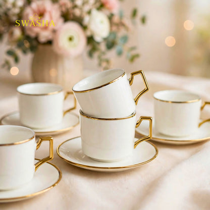 Swasha royal gold rim cup saucer set of 6 white ceramic with square gold handle and gold rim saucer luxury tea set