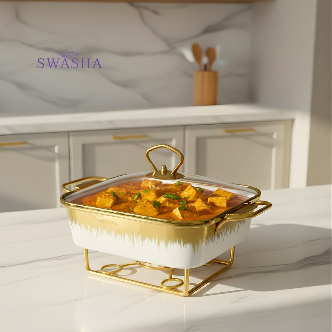 Swasha Porcelain Food Warmer , Chafing Dish – White (Square)