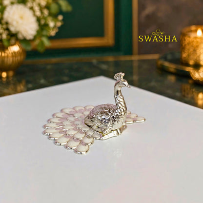 SWASHA White Peacock Dry Fruit Box - 4 Compartment Wooden Gift Box with Silver Peacock | For Diwali, Wedding Return Gift, Sweets & Jewelry Storage