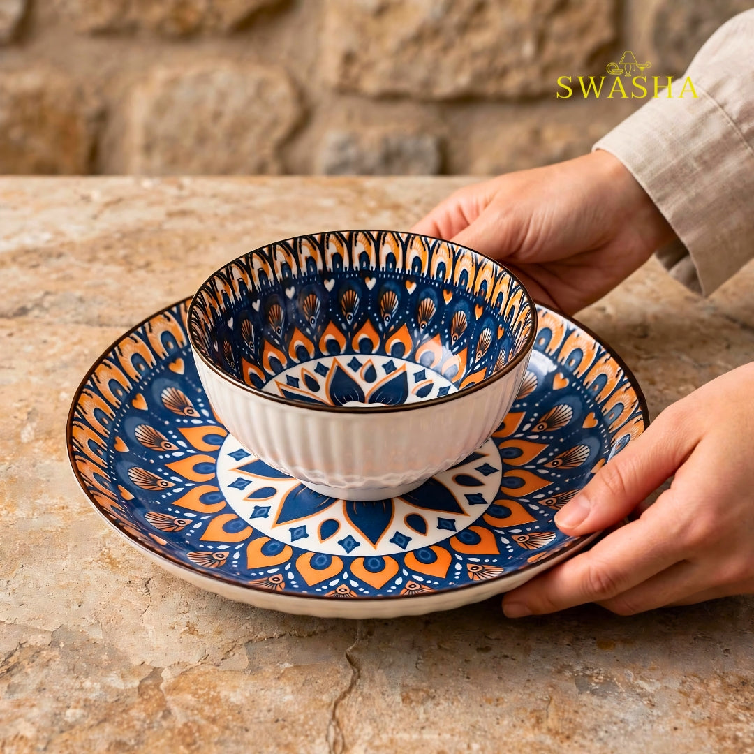 Swasha bohemia 12 pcs snack set 6 bowls 6 plates blue orange mandala earthenware with gift bag