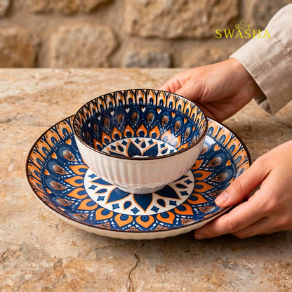 Swasha bohemia 12 pcs snack set 6 bowls 6 plates blue orange mandala earthenware with gift bag