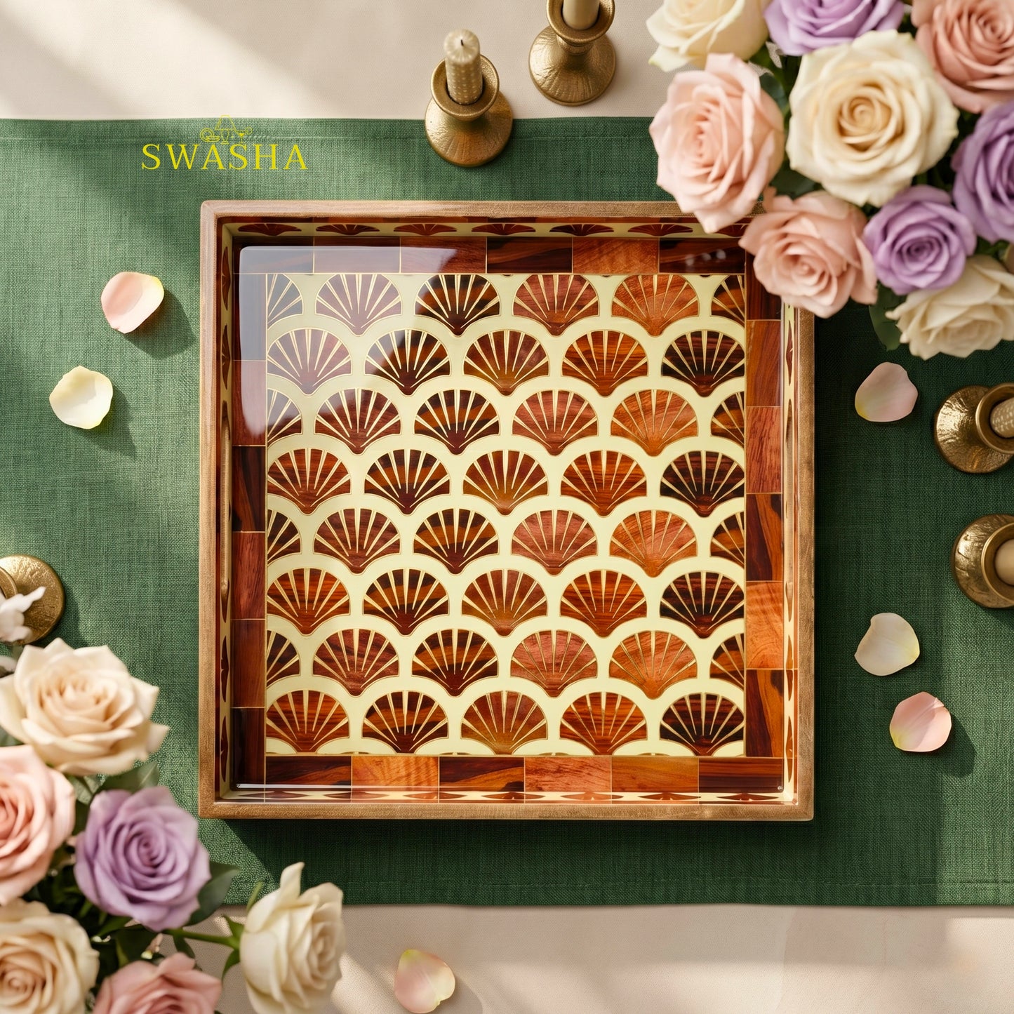 Swasha square resin finish MDF tray on coffee table with candles