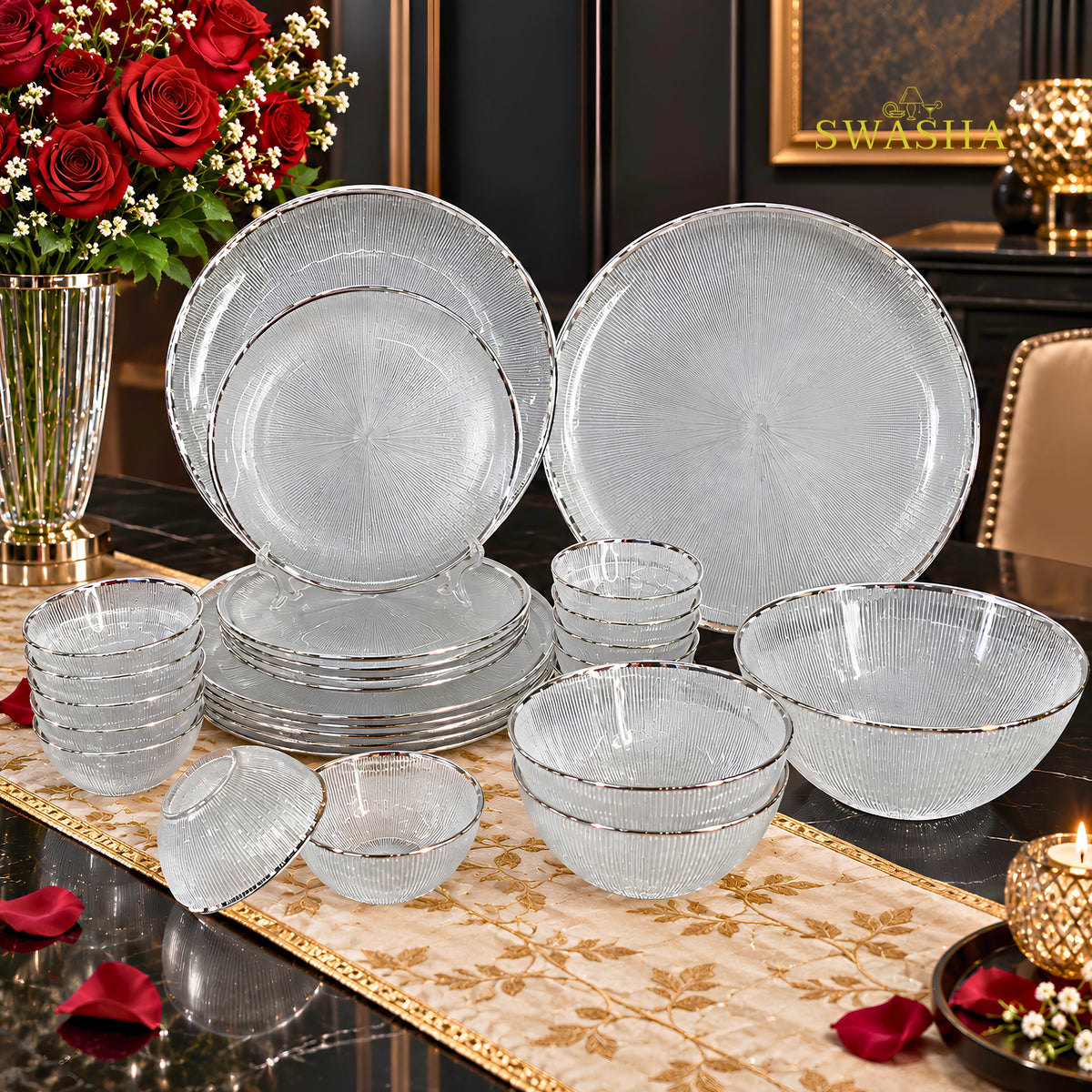 Swasha 28 Pcs Turkish Glass Dinner Set For 6 With Rice Plate | Clear Transparent Glass Dinner Set With Silver Rim