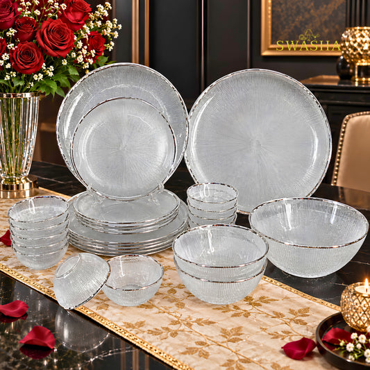 Swasha 28 Pcs Turkish Glass Dinner Set For 6 With Rice Plate | Clear Transparent Glass Dinner Set With Silver Rim