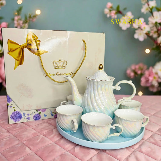 Swasha aqua swirl rainbow iridescent 8 pcs revolving tea set kettle 6 cups revolving tray with gift box