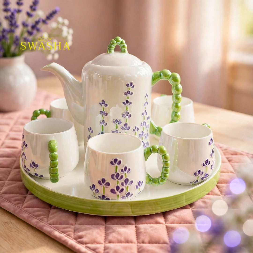 Swasha lavender field 8 pcs revolving tea set purple lavender embossed green bubble handle kettle 6 cups revolving tray with red gift box
