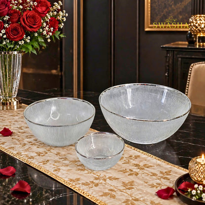 Swasha 28 Pcs Turkish Glass Dinner Set For 6 With Rice Plate | Clear Transparent Glass Dinner Set With Silver Rim