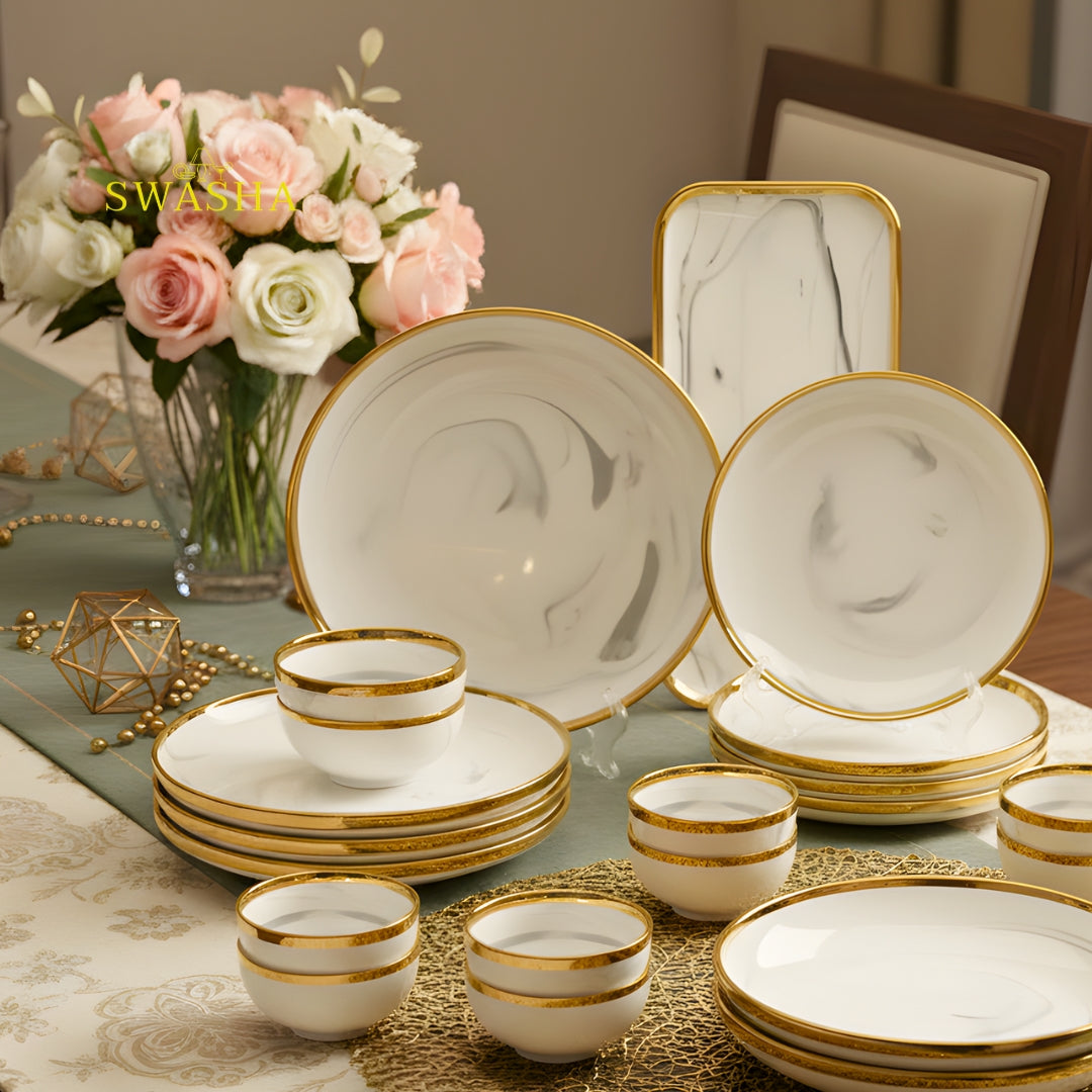 Grey Marble SWASHA Porcelain Dinner Set of 28 Pieces | Dinnerware (White & Golden)