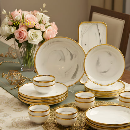 Grey Marble SWASHA Porcelain Dinner Set of 28 Pieces | Dinnerware (White & Golden)