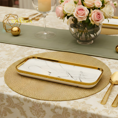 Grey Marble SWASHA Porcelain Dinner Set of 28 Pieces | Dinnerware (White & Golden)