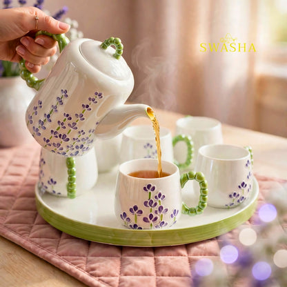 Swasha lavender field 8 pcs revolving tea set purple lavender embossed green bubble handle kettle 6 cups revolving tray with red gift box