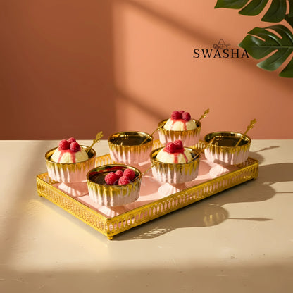 Elegant Ceramic Ice Cream Cup Set of 6 with Matching Spoons & Tray by Swasha