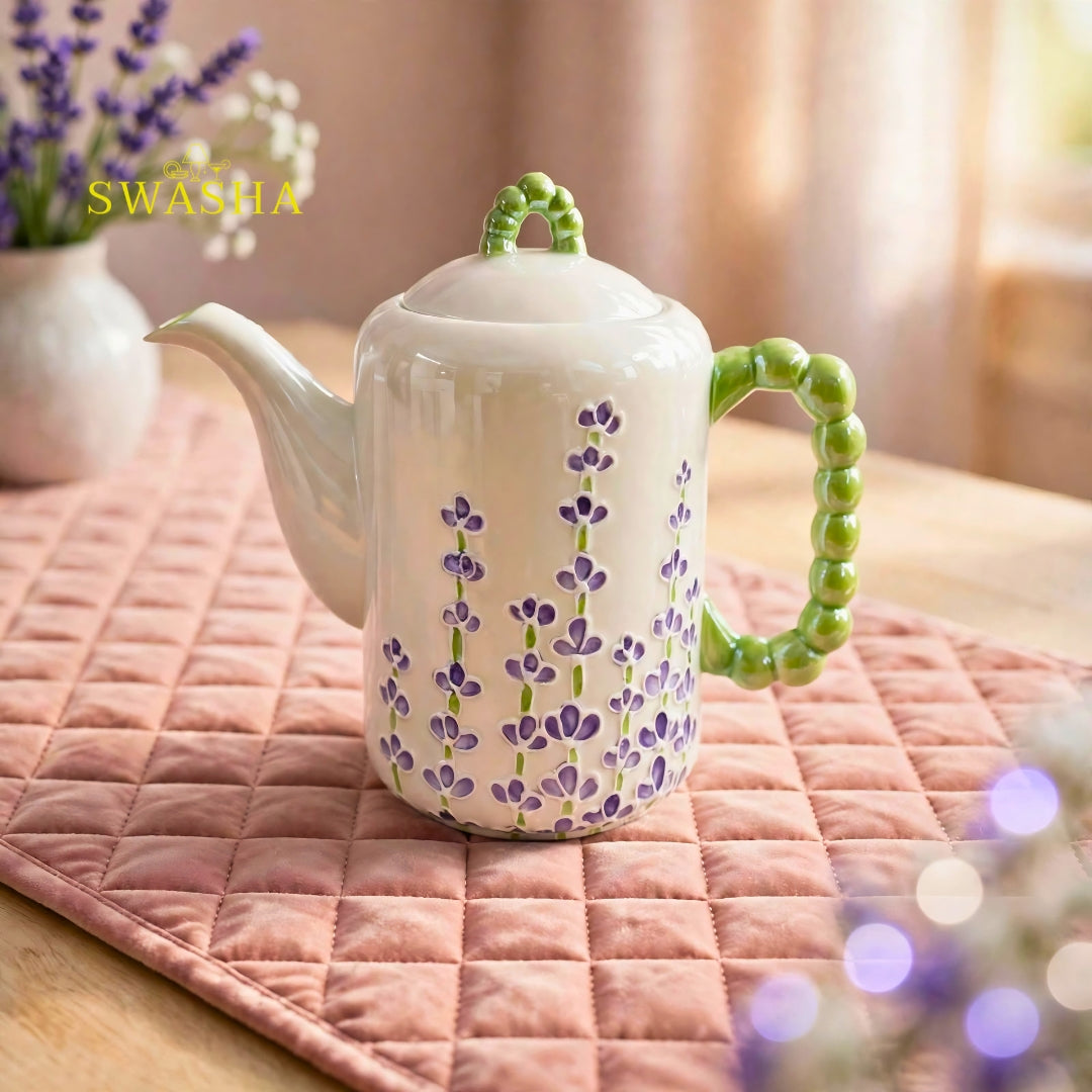 Swasha lavender field 8 pcs revolving tea set purple lavender embossed green bubble handle kettle 6 cups revolving tray with red gift box
