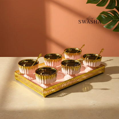 Elegant Ceramic Ice Cream Cup Set of 6 with Matching Spoons & Tray by Swasha