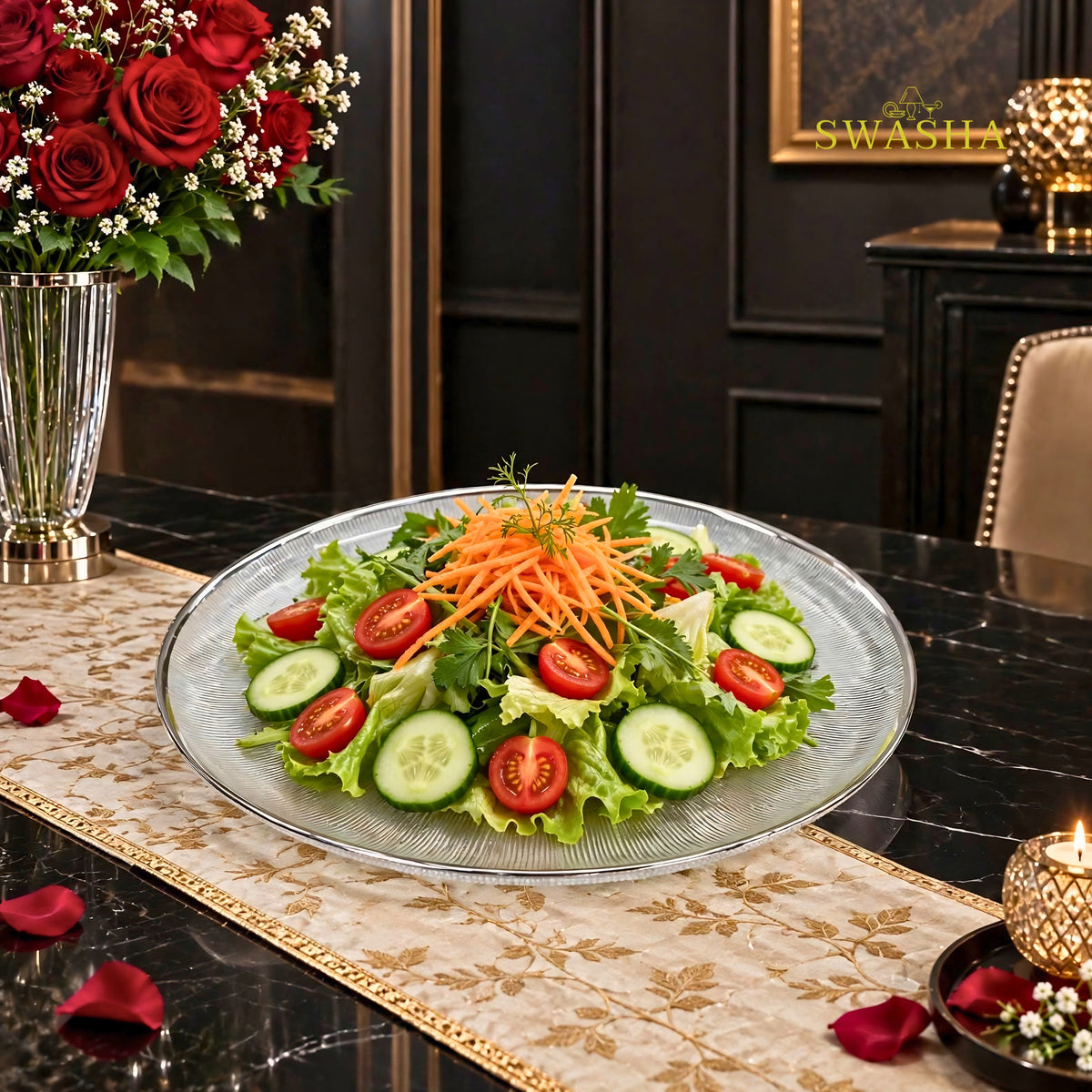 Swasha 28 Pcs Turkish Glass Dinner Set For 6 With Rice Plate | Clear Transparent Glass Dinner Set With Silver Rim