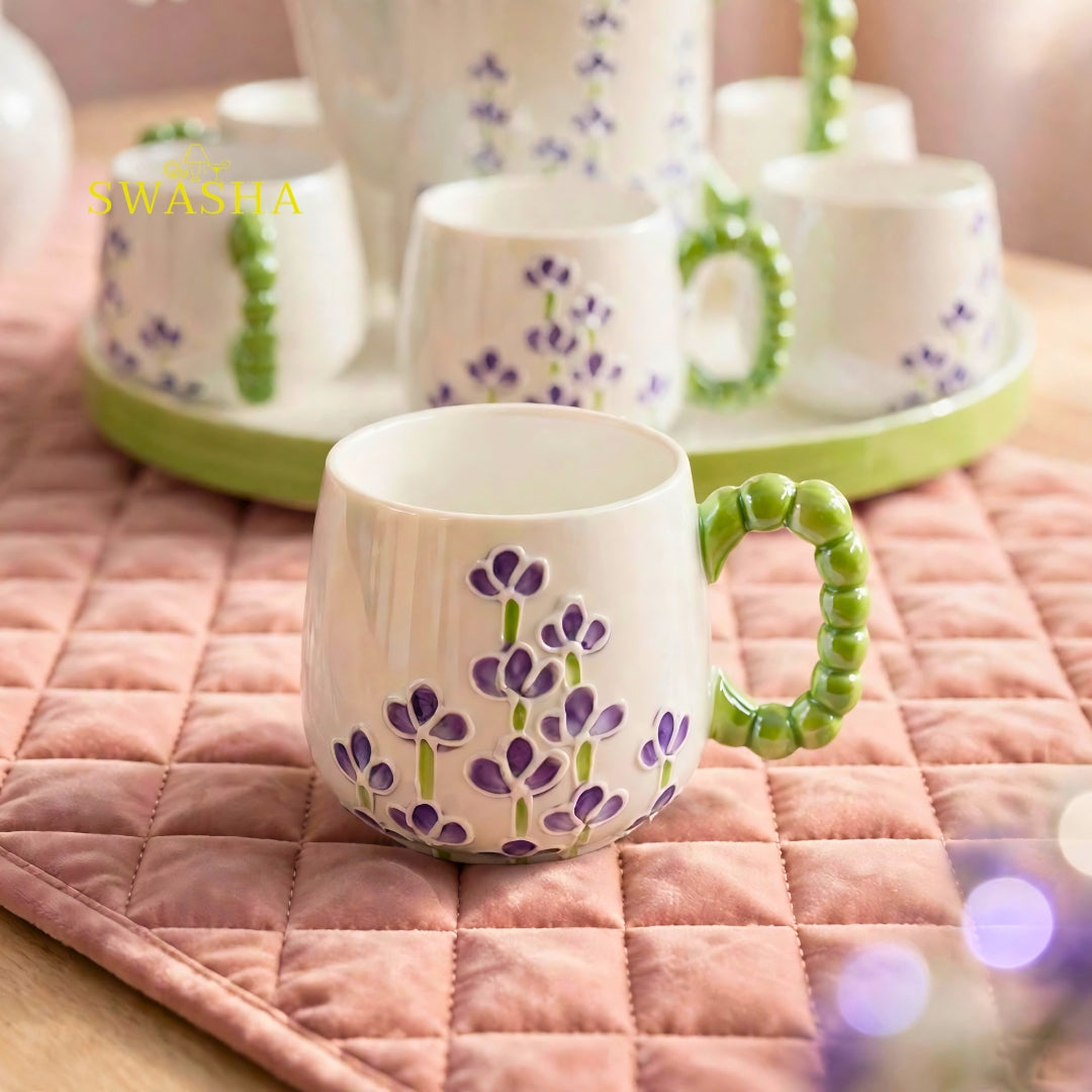 Swasha lavender field 8 pcs revolving tea set purple lavender embossed green bubble handle kettle 6 cups revolving tray with red gift box