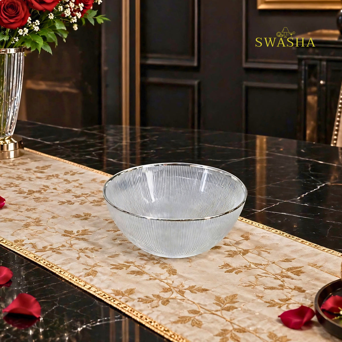 Swasha 28 Pcs Turkish Glass Dinner Set For 6 With Rice Plate | Clear Transparent Glass Dinner Set With Silver Rim