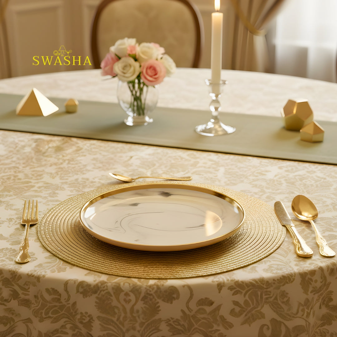 Grey Marble SWASHA Porcelain Dinner Set of 28 Pieces | Dinnerware (White & Golden)