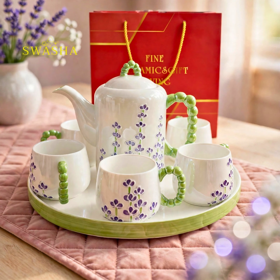 Swasha lavender field 8 pcs revolving tea set purple lavender embossed green bubble handle kettle 6 cups revolving tray with red gift box