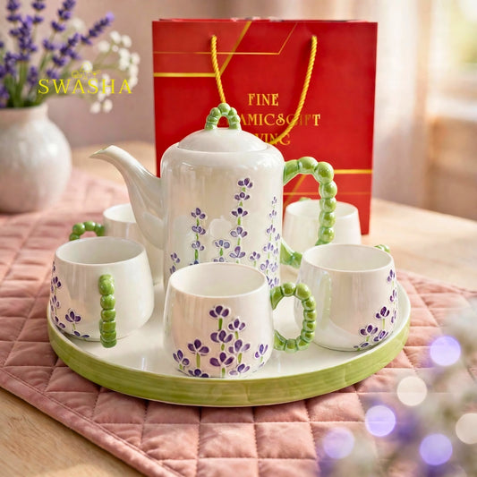 Swasha lavender field 8 pcs revolving tea set purple lavender embossed green bubble handle kettle 6 cups revolving tray with red gift box
