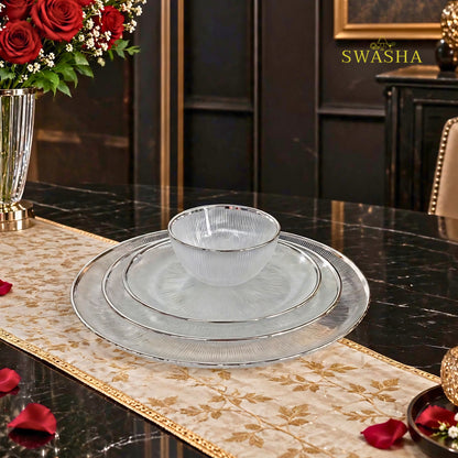 Swasha 28 Pcs Turkish Glass Dinner Set For 6 With Rice Plate | Clear Transparent Glass Dinner Set With Silver Rim