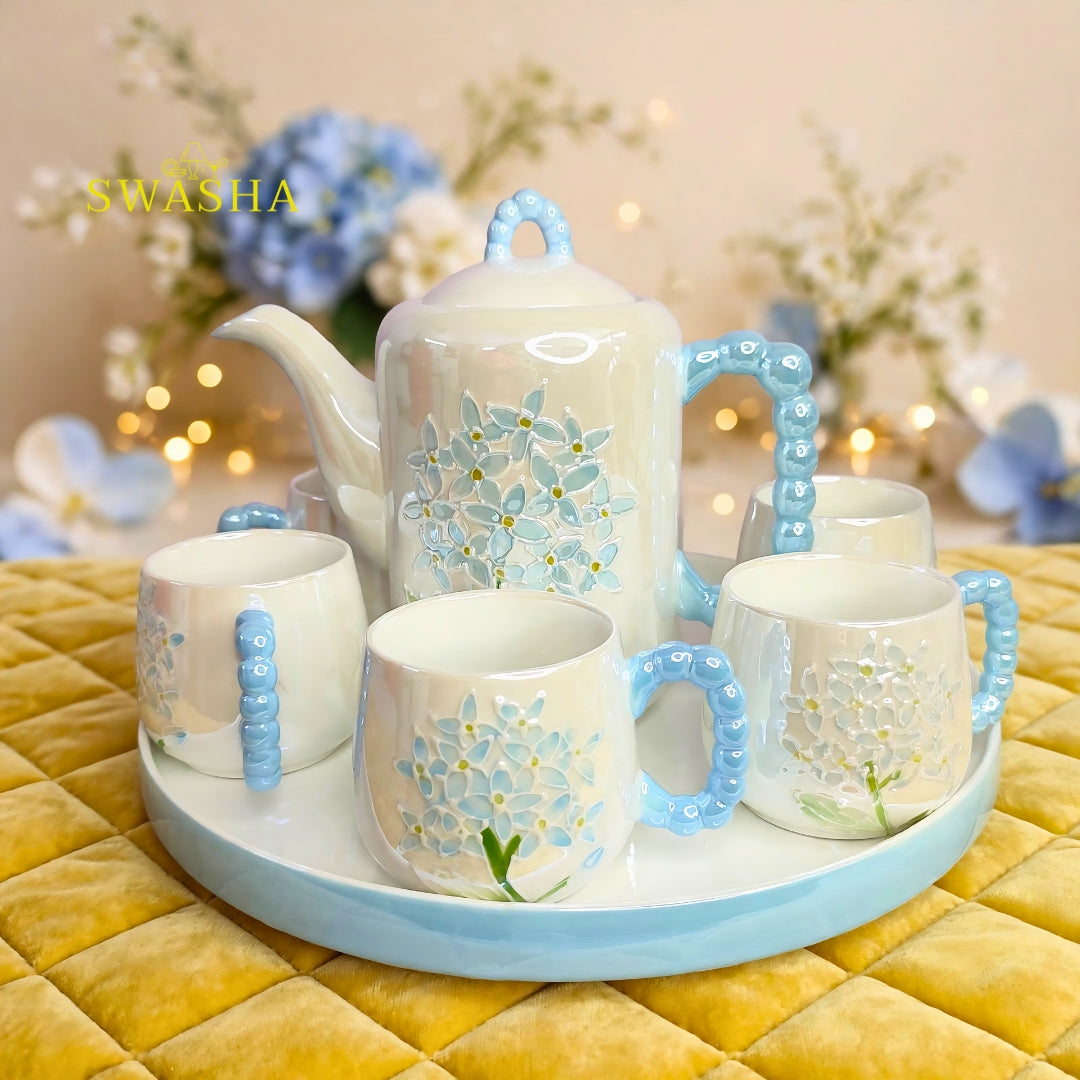 Swasha blue hydrangea 8 pcs revolving tea set pearl bubble handle 3d blue floral kettle 6 cups pastel blue tray