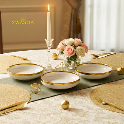 Grey Marble SWASHA Porcelain Dinner Set of 28 Pieces | Dinnerware (White & Golden)