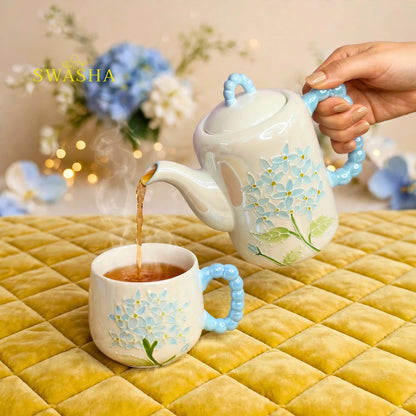 Swasha blue hydrangea 8 pcs revolving tea set pearl bubble handle 3d blue floral kettle 6 cups pastel blue tray