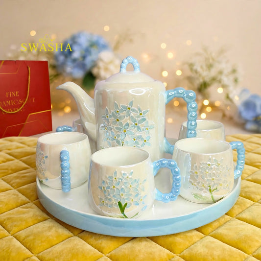 Swasha blue hydrangea 8 pcs revolving tea set pearl bubble handle 3d blue floral kettle 6 cups pastel blue tray