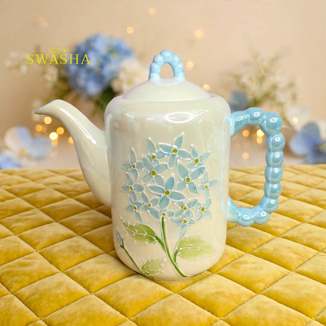Swasha blue hydrangea 8 pcs revolving tea set pearl bubble handle 3d blue floral kettle 6 cups pastel blue tray