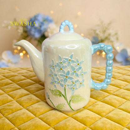 Swasha blue hydrangea 8 pcs revolving tea set pearl bubble handle 3d blue floral kettle 6 cups pastel blue tray