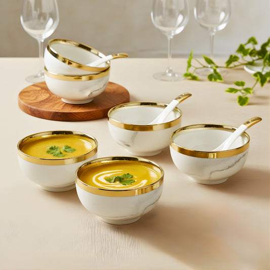 Swasha Luxury Porcelain Soup Bowls with Spoon (6 Pcs) | Gold Line Design