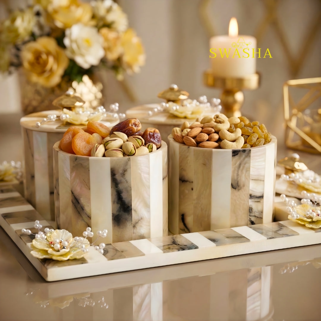 Swasha Airtight Dry Fruits Jar Set with Tray – Resin Finish Decorative Jars, Gift Set of 4