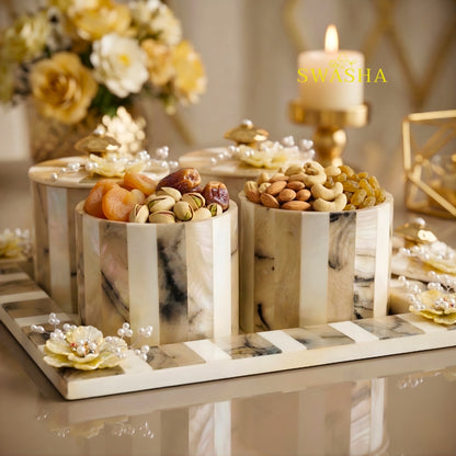 Swasha Airtight Dry Fruits Jar Set with Tray – Resin Finish Decorative Jars, Gift Set of 4