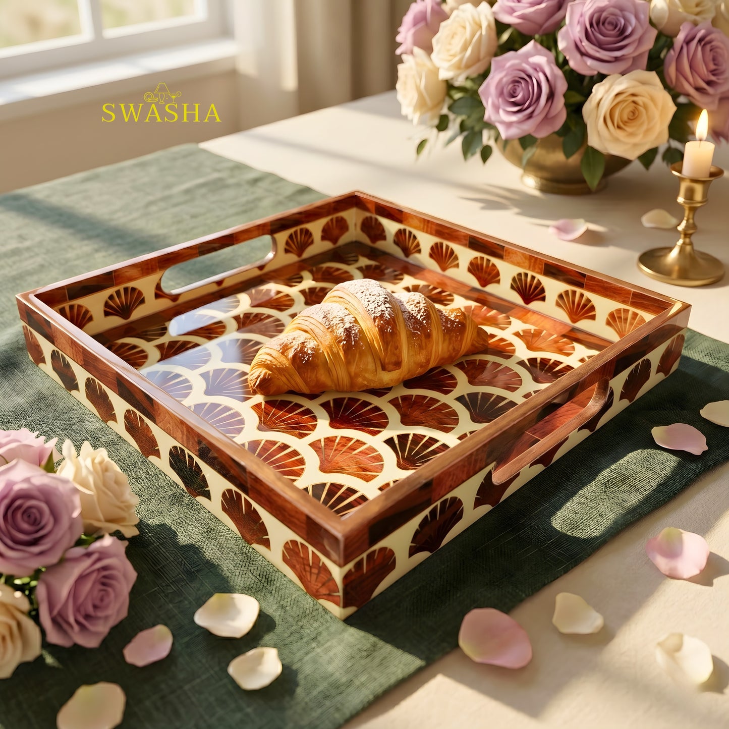 Swasha square resin finish MDF tray on coffee table with candles
