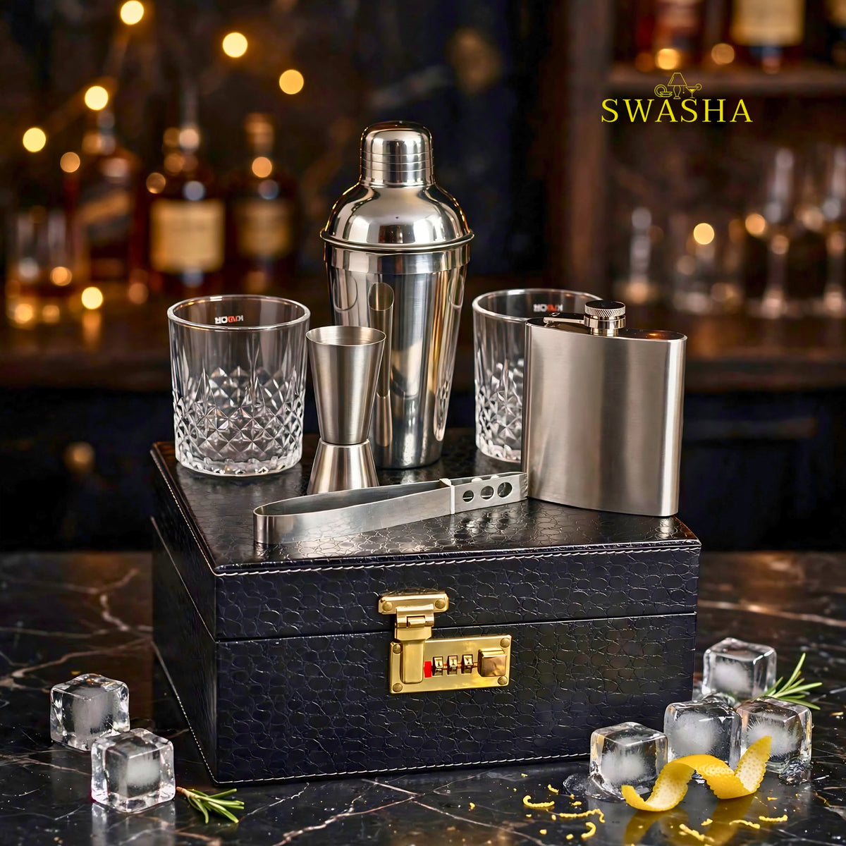 swasha black croco portable bar box open with liquor bottle 2 whiskey glasses hip flask jigger and tong