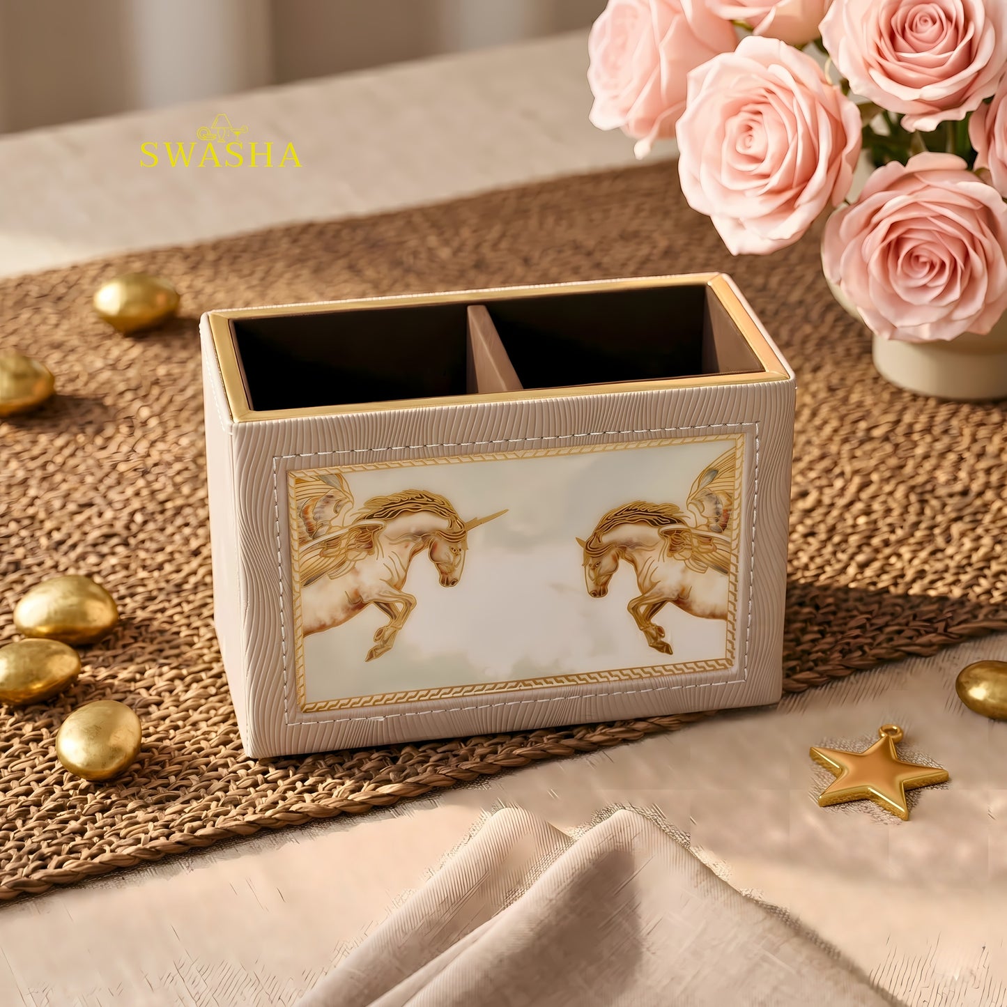 Swasha Leatherette Serving Tray Set of 4 with Cutlery Stand and Tissue Holder on Dining Table